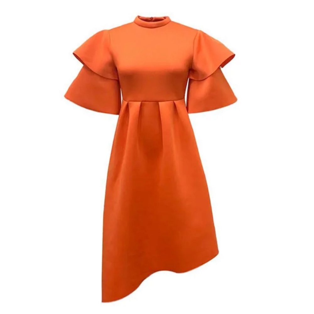 NWOT Orange Double Bell-Sleeve Asymetrical Hem Dress